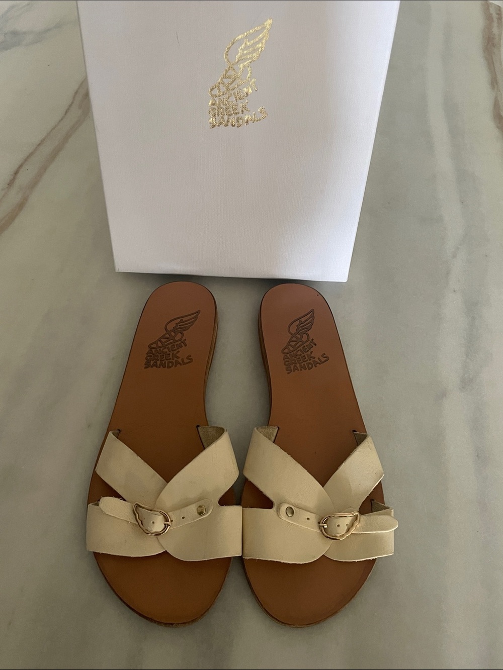 Ancient Greek Sandals Cream size 38 Leather Crossover Buckle Slides